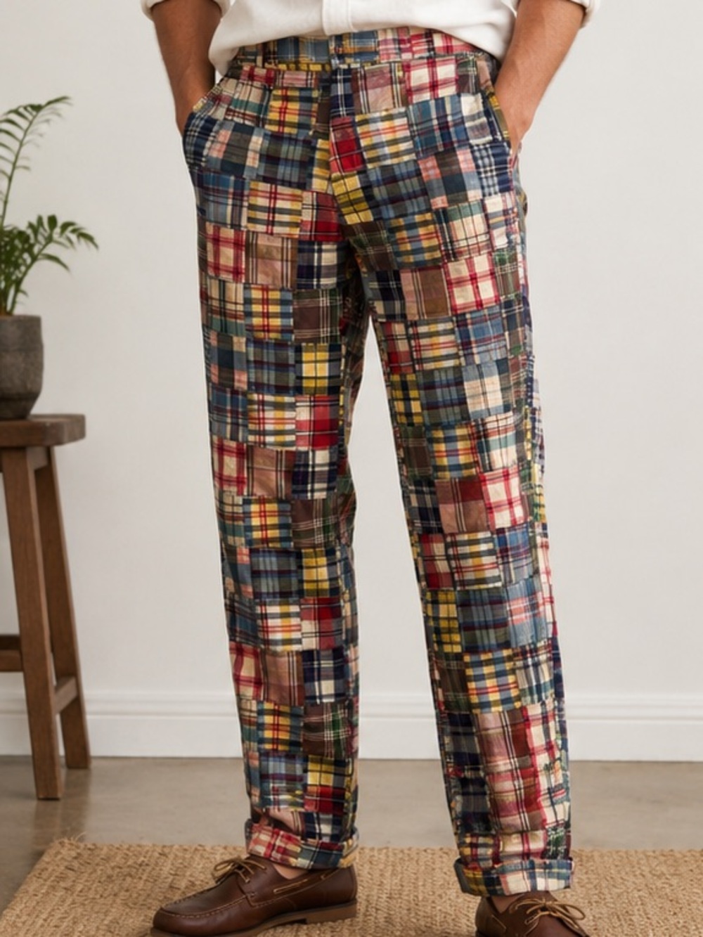 Vintage Indian Madras Patchwork Pants, Imported Fabric Plaid Trousers w-35”